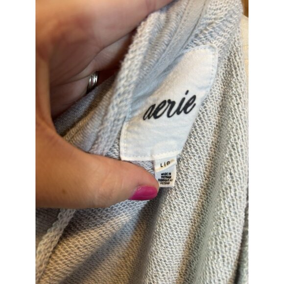 Aerie Lace Up Oversized Crew Sweatshirt Grey Long Sleeve Distressed Sz L - Picture 10 of 13